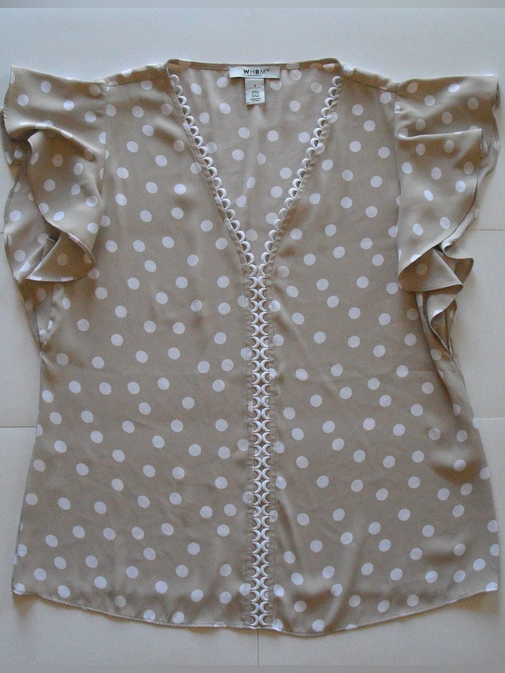 White House Black Market Beige and White Polka Dot Ruffle Sleeve Blouse